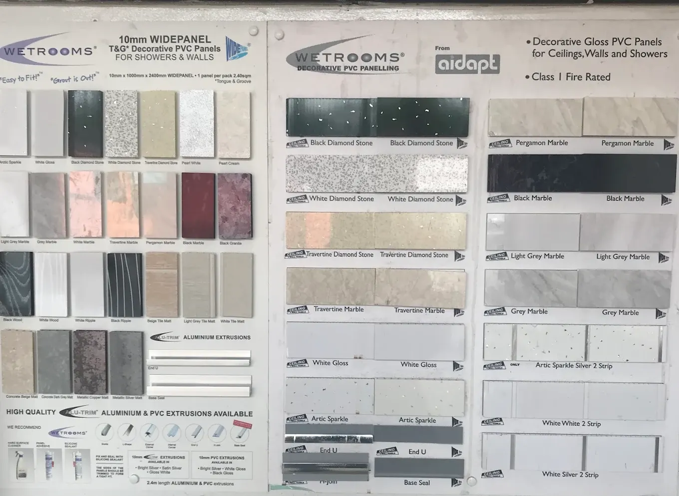 Wetroom PVC panel and tile-effect sample board in store at BBS Ltd